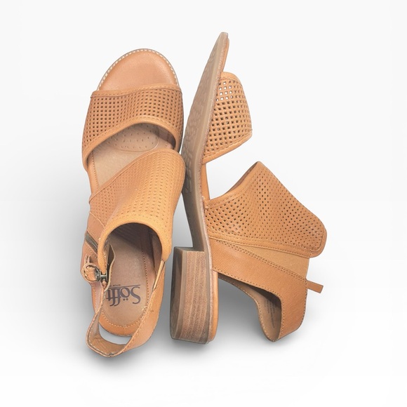 Söfft Leather Perforated Ankle Sandals 11M Tan Stacked Heel side Zip Boho chic - Picture 3 of 11